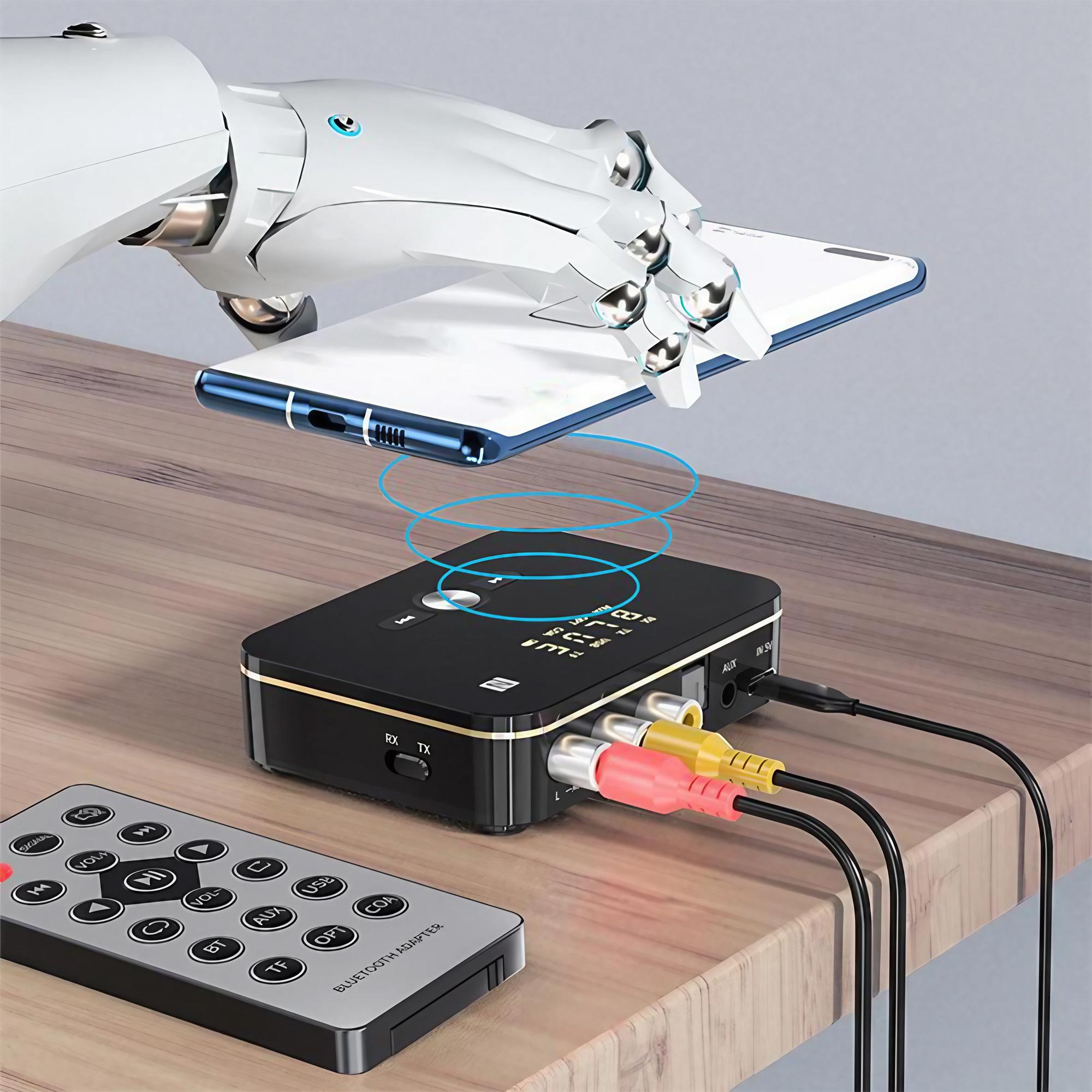 Bluetooth 5.0 NFC Audio Transmitter & Receiver, Low Latency Wireless Adapter for Hi-Res Streaming Music to Home Theater, Car Stereo, TV, Smartphone & Tablet.