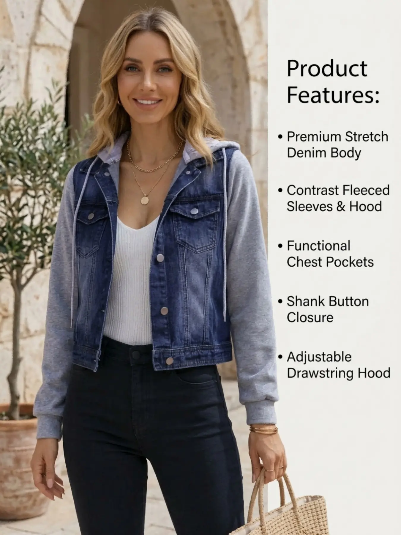 Women's Two-Piece Hooded Denim Jacket, Colorblock Sweatshirt Sleeve Denim Coat, Boho Style, Fitted, Solid Pattern, All Seasons