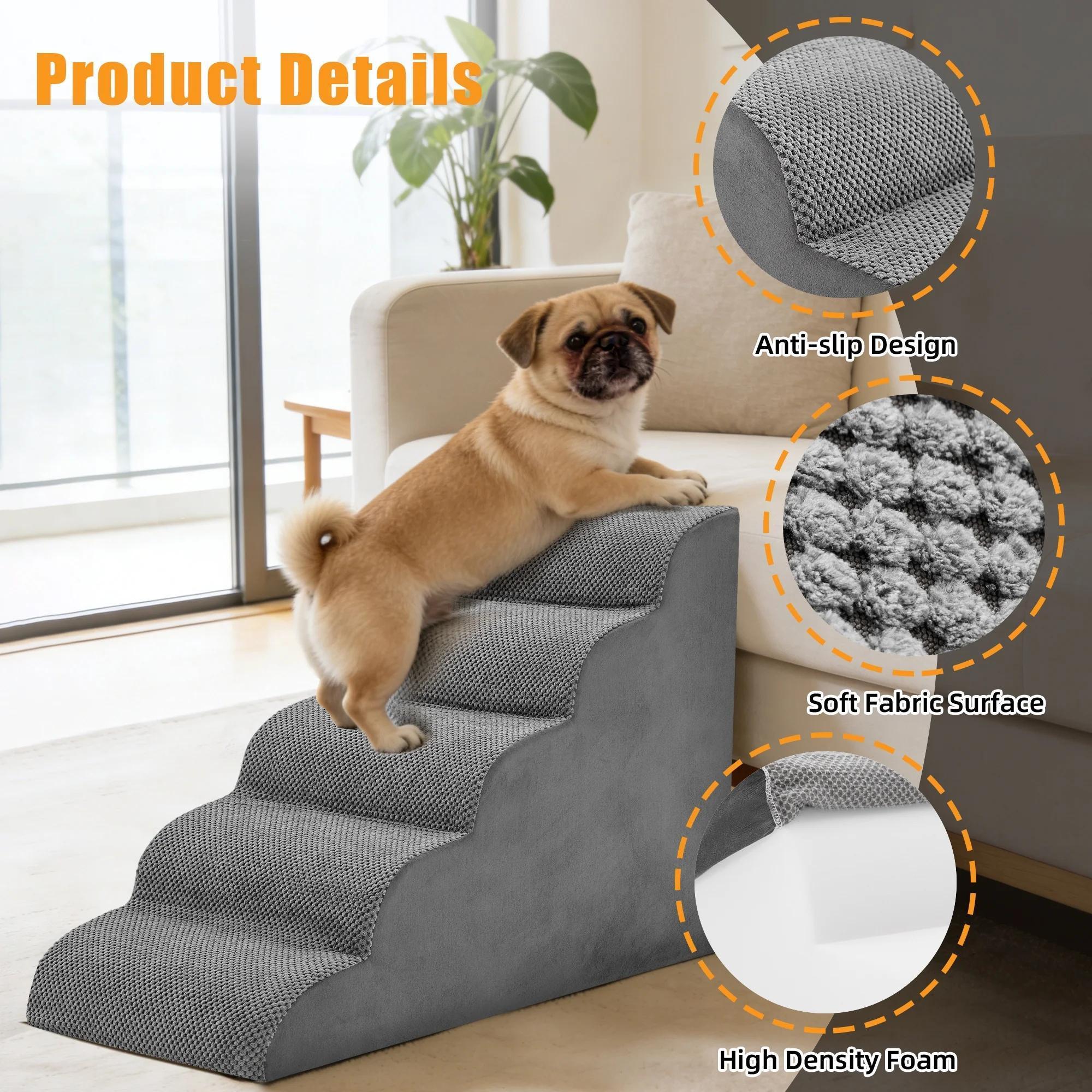 5-Step High-Density Foam Curved Pet Stairs, Non-Slip Dog Steps & Ramp for Small Dogs/Cats, Soft Washable Cover, Gentle Incline Design to Protect Joints, Ideal for Accessing Beds, Couches & High Surfaces