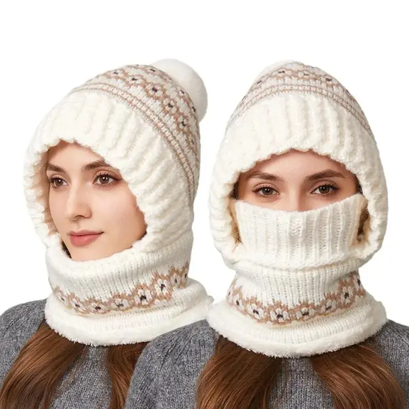 2‑In‑1 Soft Knit Hood Scarf Hat, Fluffy Fleece Lined Warm Balaclava, Blush Pink Winter Ski Accessory With Neck Cover