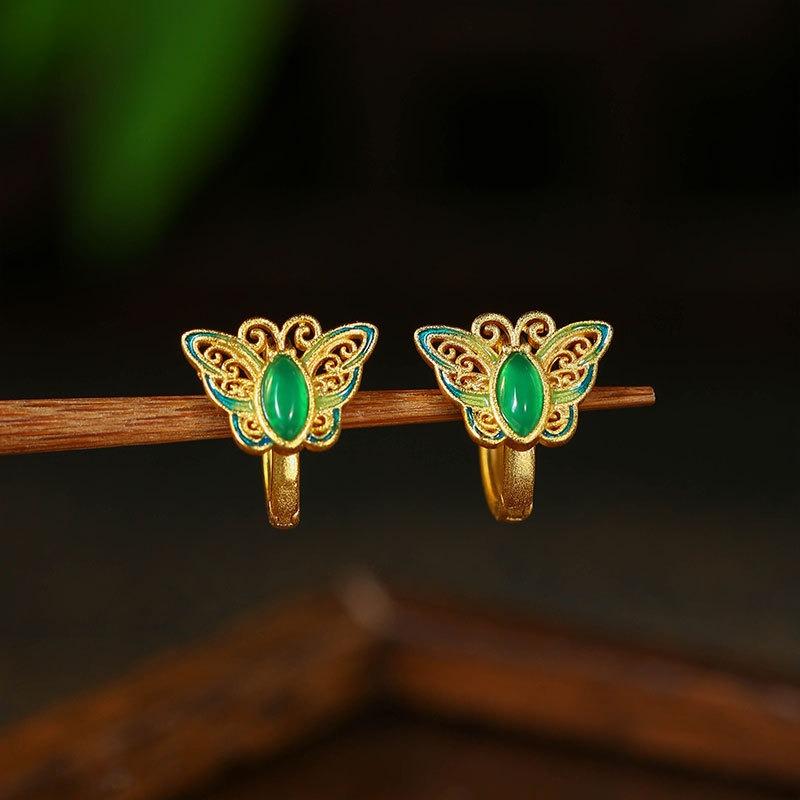 Jade earring ,retro and elegant butterfly ,for rich for charmful ,green nateral jade  ,For Women Jewelry Gifts,Green Sterling Silver