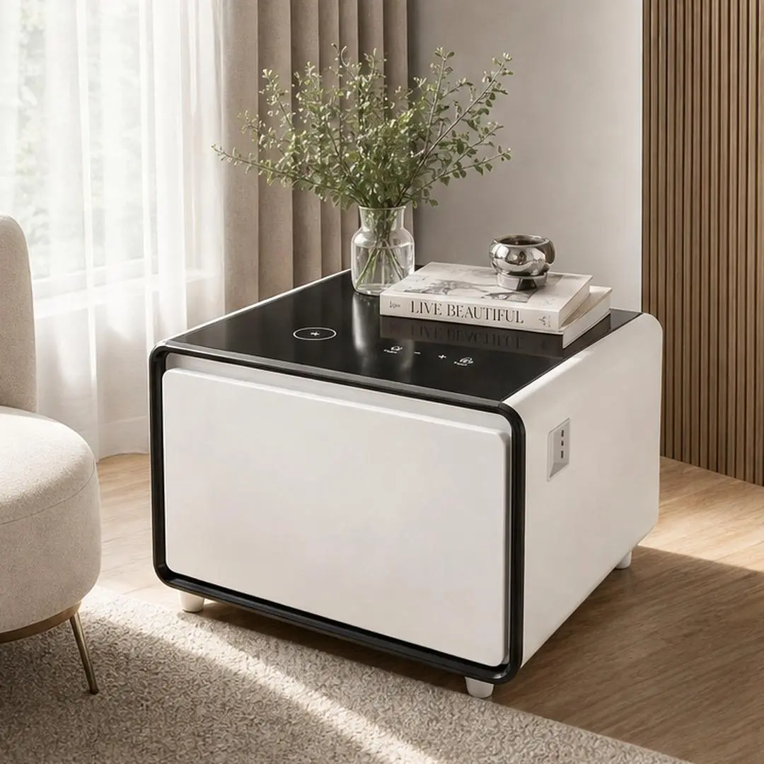 Modern Smart Side Table with Built-In Refrigerated Drawer, Wireless Charging, USB and Type-C Ports, Power Outlets, Induction Light, White, 27.76 x 26.26 x 18.11 in