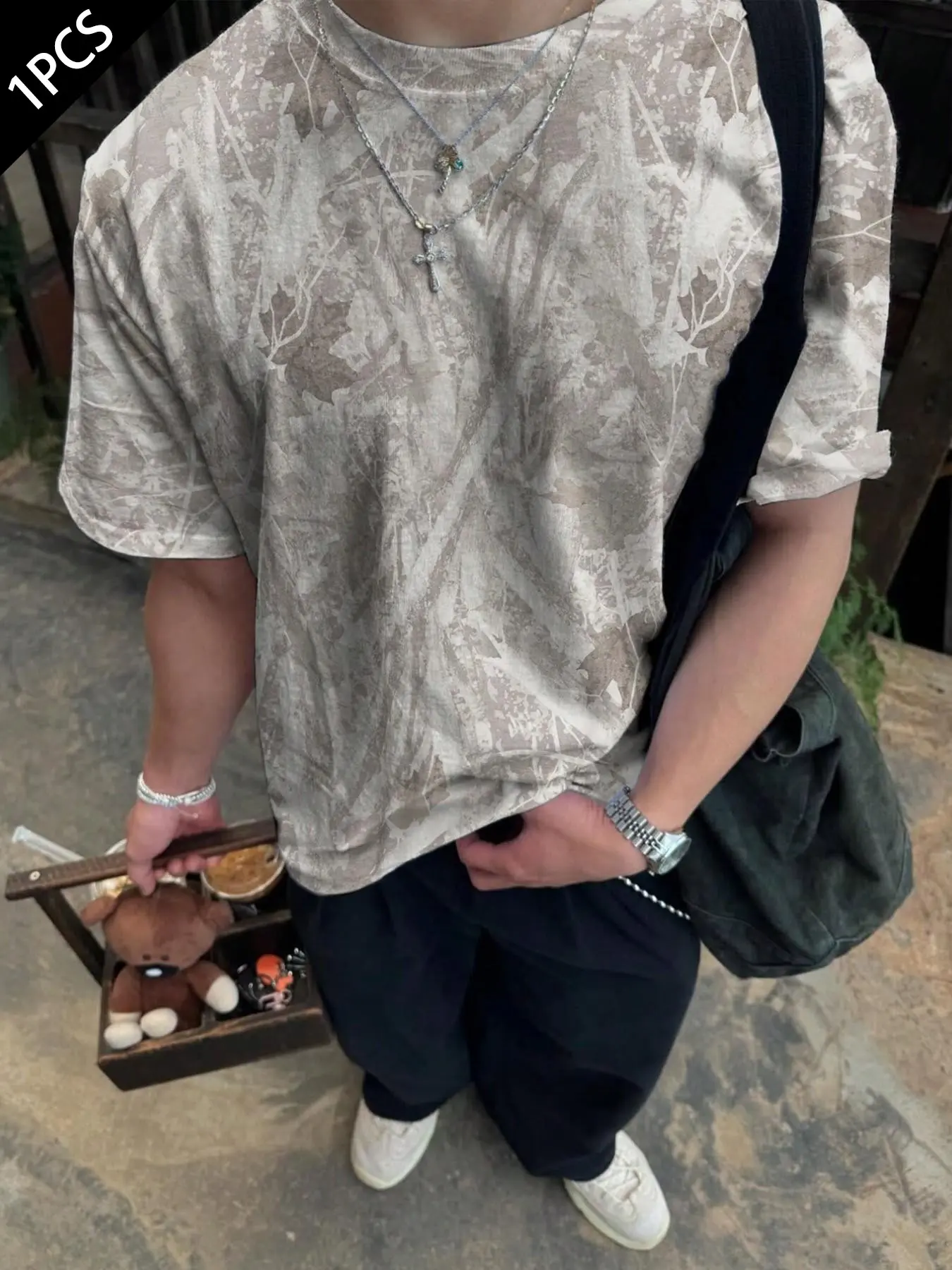 Men's Fashion Streetwear Street Style Casual Camo T-Shirt, Vintage Washed Leaf Print Loose Fit Round Neck Short Sleeve Top, Soft Breathable Summer Wear