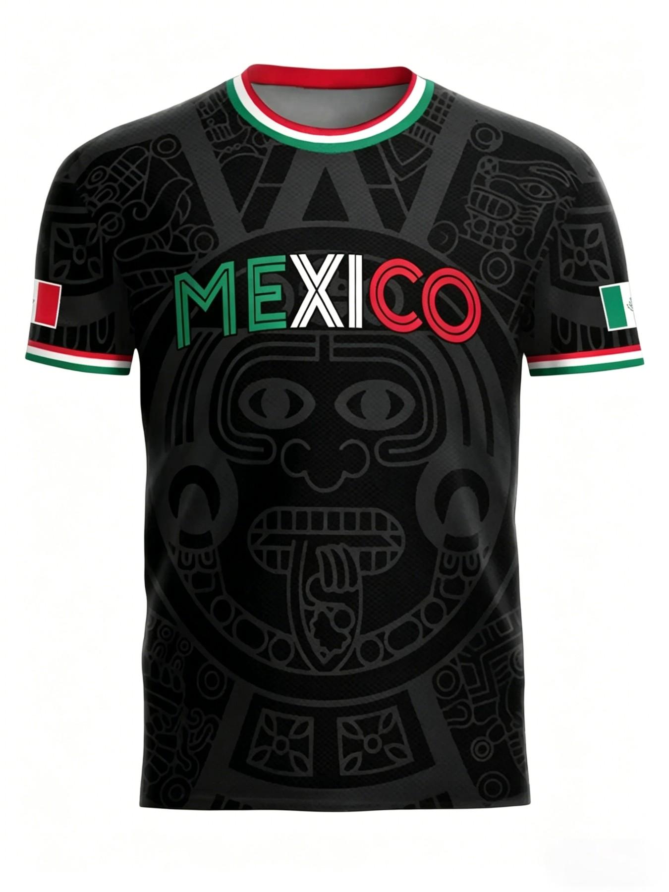 Men's Mexican Aztec Calendar Sport T-Shirt, Mexico Football Fan Street Style Round Neck Short Sleeve Top, Geometric Pattern, Loose Fit