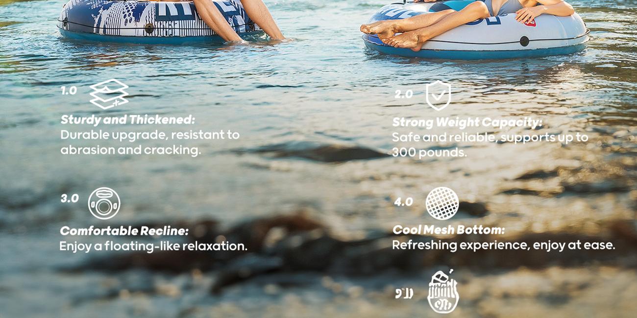 QPAU Inflatable River Tube, 0.4 mm Thickened Puncture-Resistant Heavy Duty River Float, River Raft with Ergonomic Backrest, Mesh Bottom & 2 Cup Holders for Family Friends Lake Float Lounge Adults pool accessories Multifunction