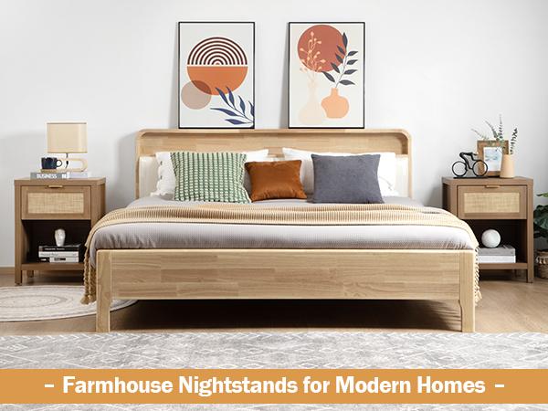 SICOTAS Classic Rattan Nightstands - Unique Farmhouse Style Bedside Table with Drawer and Open Shelf, Durable Engineered Wood Construction, Versatile Side Table for Living Room and Bedroom, Easy to Assemble, Modern Home Decor