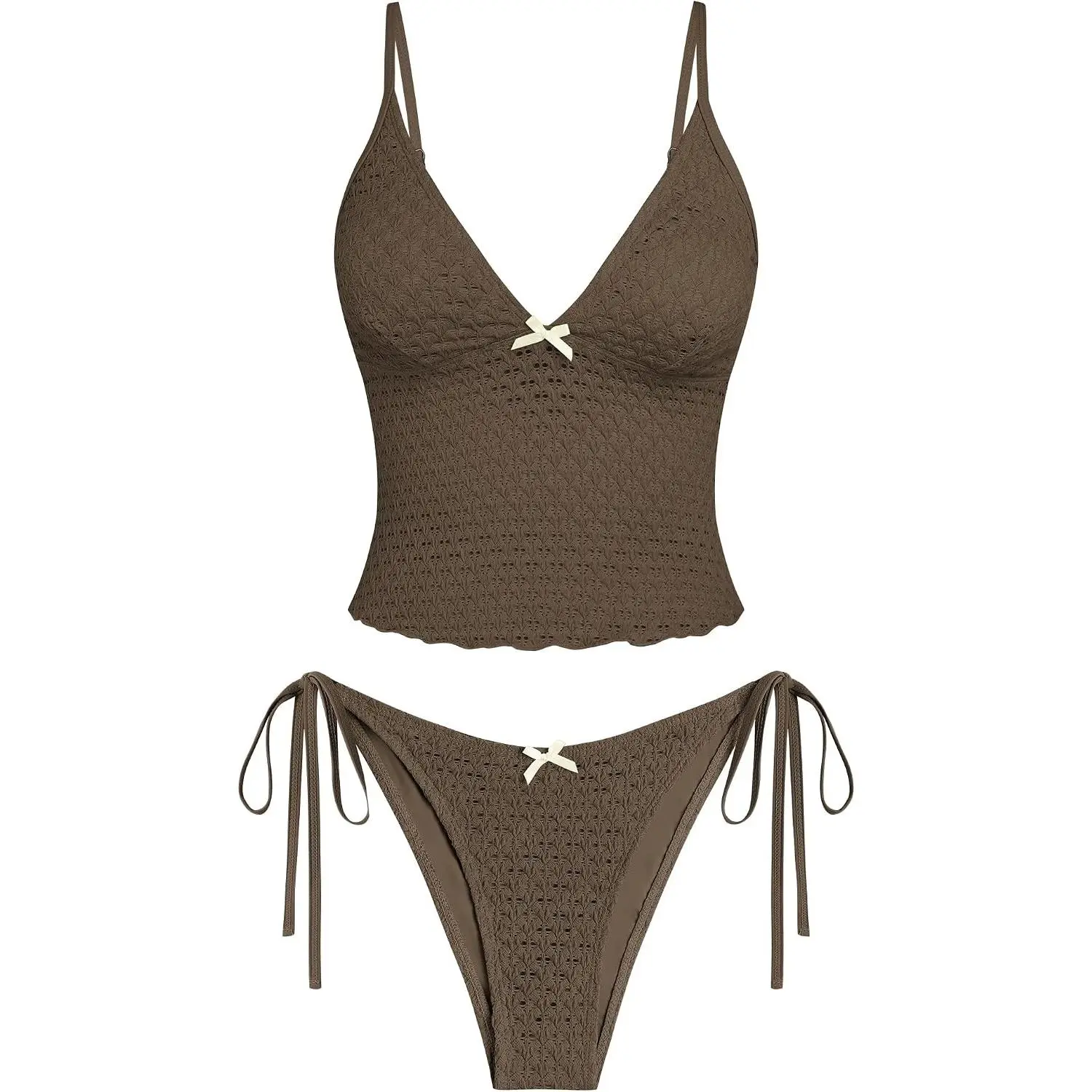 Women's Lace Jacquard Tankini Swimsuit with Bowknot Decor Tummy Control Full Coverage Slimming, Textured Mesh, Cut Out V-Neck High Cut Tanga Set for Beach Pool VacationGift
