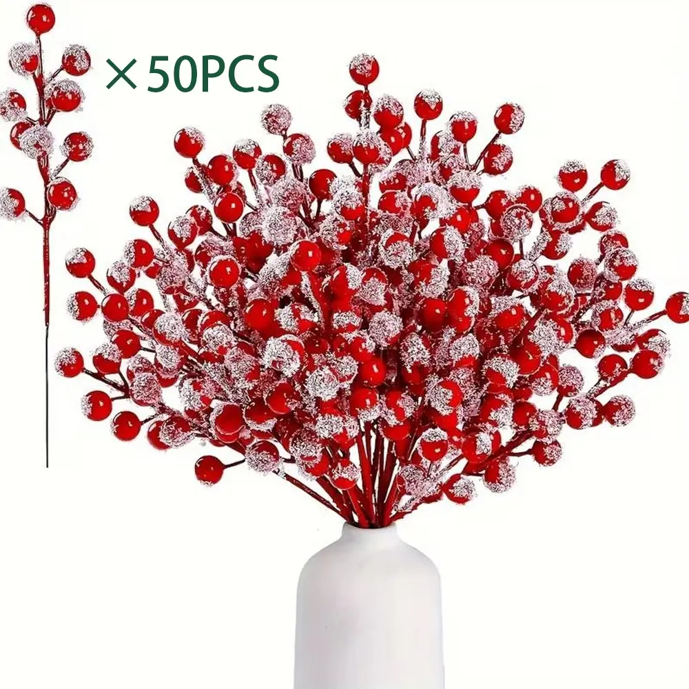 50-Pack Frosted Berry Branches, Christmas Spray Decorations, Holiday Crafts, Tree Ornament, Home Decoration, Festive Seasonal Decor