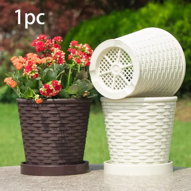 Plastic Flower Pot with Tray, Imitation Woven Design, Diameter Plant Container, Ideal for Indoor and Outdoor Gardening, 1pc, Decorative Flower Pot, Plastic Planters