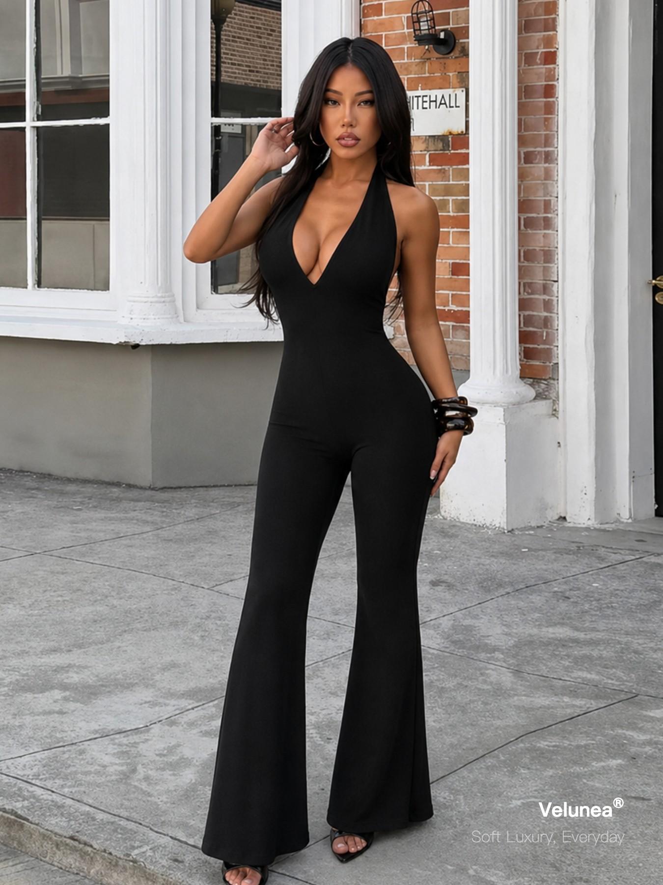 Velunea Women’s Halter Jumpsuit, Sleeveless Deep V Neck Flare Leg One Piece Outfit with Slim Fit Silhouette, Elegant Going Out Jumpsuit