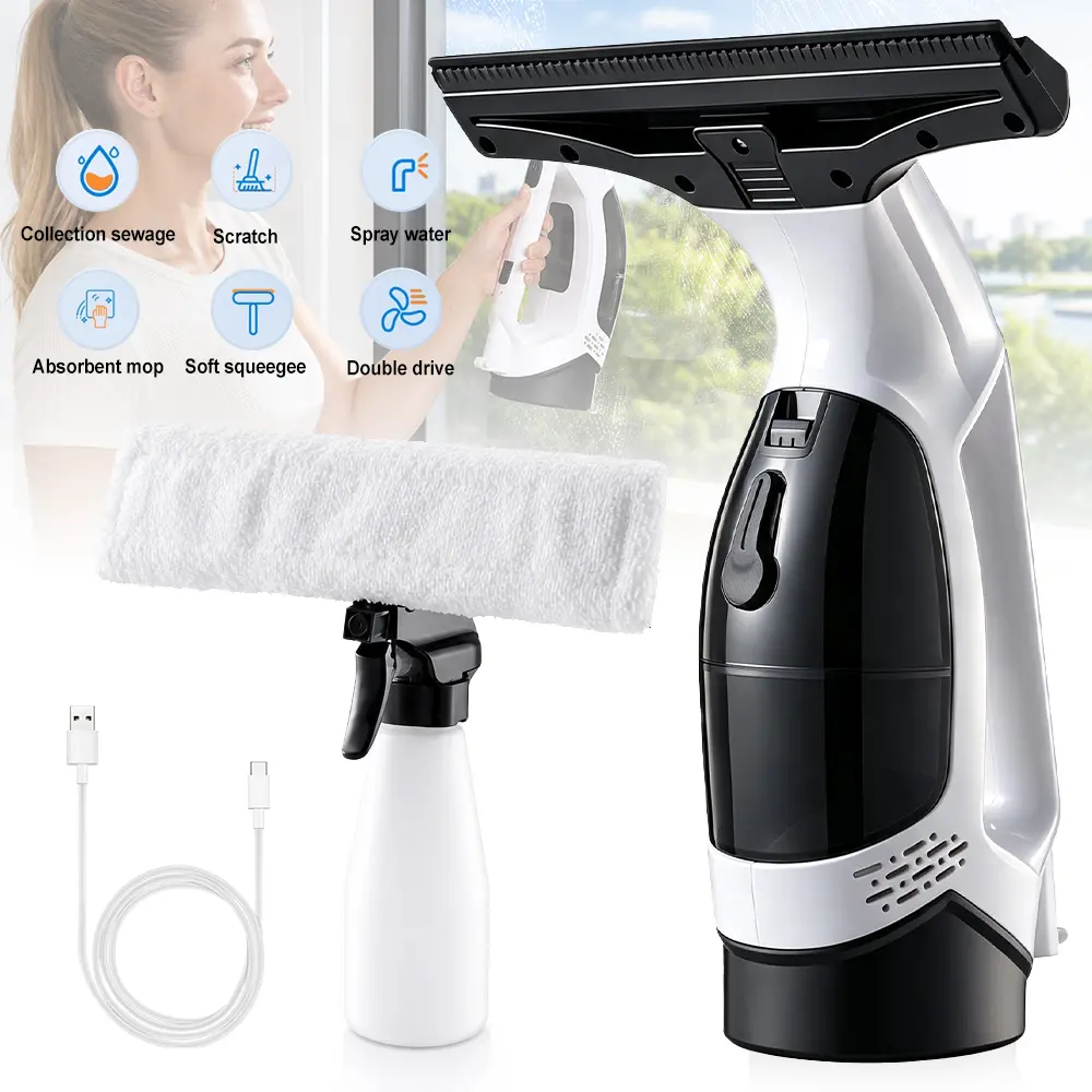 Cordless Window Vacuum Squeegee, 3-in-1 Electric Window Cleaner with Spray Bottle & Microfiber Pad, 1.8-2.0KPa Suction, 150ml Water Tank, Rechargeable Glass Cleaner for Windows, Mirrors, Shower Doors & Car