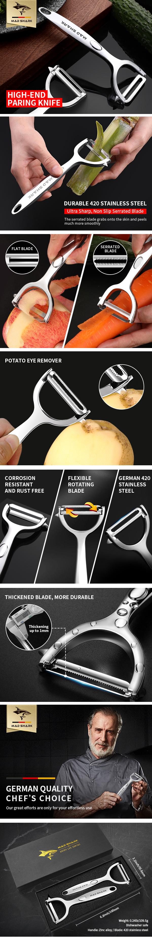 MAD SHARK Stainless Steel Peeler and Skin Scraper – Multi-Purpose Fruit and Vegetable Peeler for Potatoes, Melon, Carrots, and More – Kitchen Essential for Easy Skin Removal – Sharp Blade for Effortless Peeling – Ideal Tool for Home Cooking and Quick Prep
