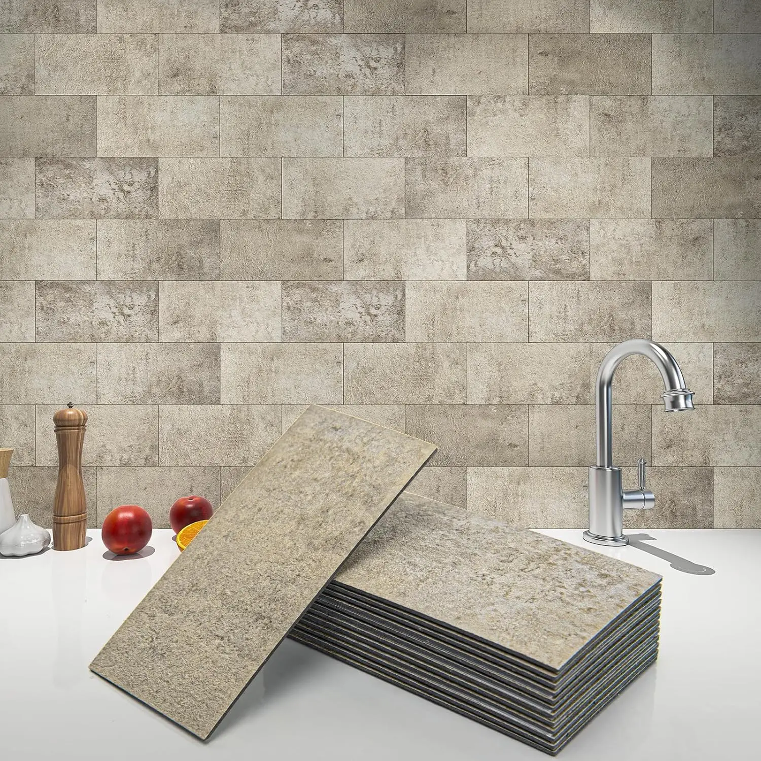 102-Piece Peel and Stick Wall Tile for Kitchen Backsplash, Bathroom, Fireplace, 3in. * 6 inches. Stick on Subway Tile Stone Beige