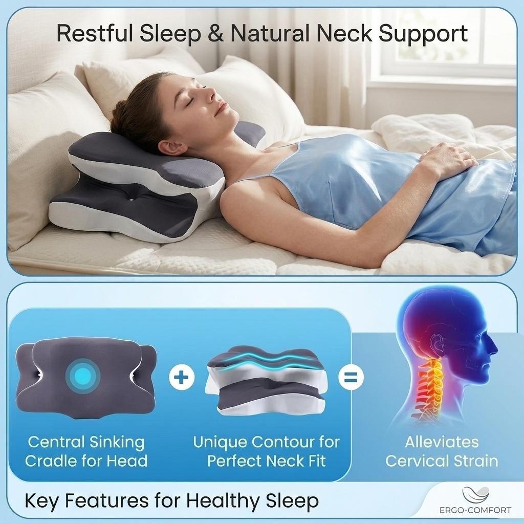 Double Sided Ergonomic Neck Pillow, Travel Neck Cushion, cooling skin-friendly cover and odor-free memory foam. Zoned support with widened armrest, soft comfy, fits all sleeping positions for home use, Neck Rest Cushion