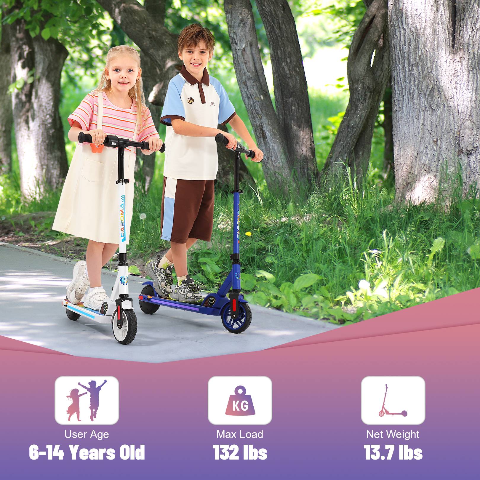 Caroma Electric Scooter for Kids Ages 6-14, 180W Motor & 10 Mph, 80 Mins Ride Time, Adjustable Height & Speed, LED Display & Colorful Lights, Kids Electric Scooter, Best Gift for Boys and Girls