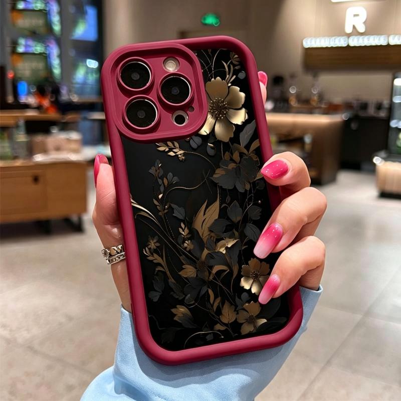TPU IPhone Case for iPhone 15 14 Plus 17 16 Pro Max 14 13 12 11 XS  Black And Gold Flowers Pattern Drop Protection Shockproof Soft Silicone Smartphone Cover iPhone case