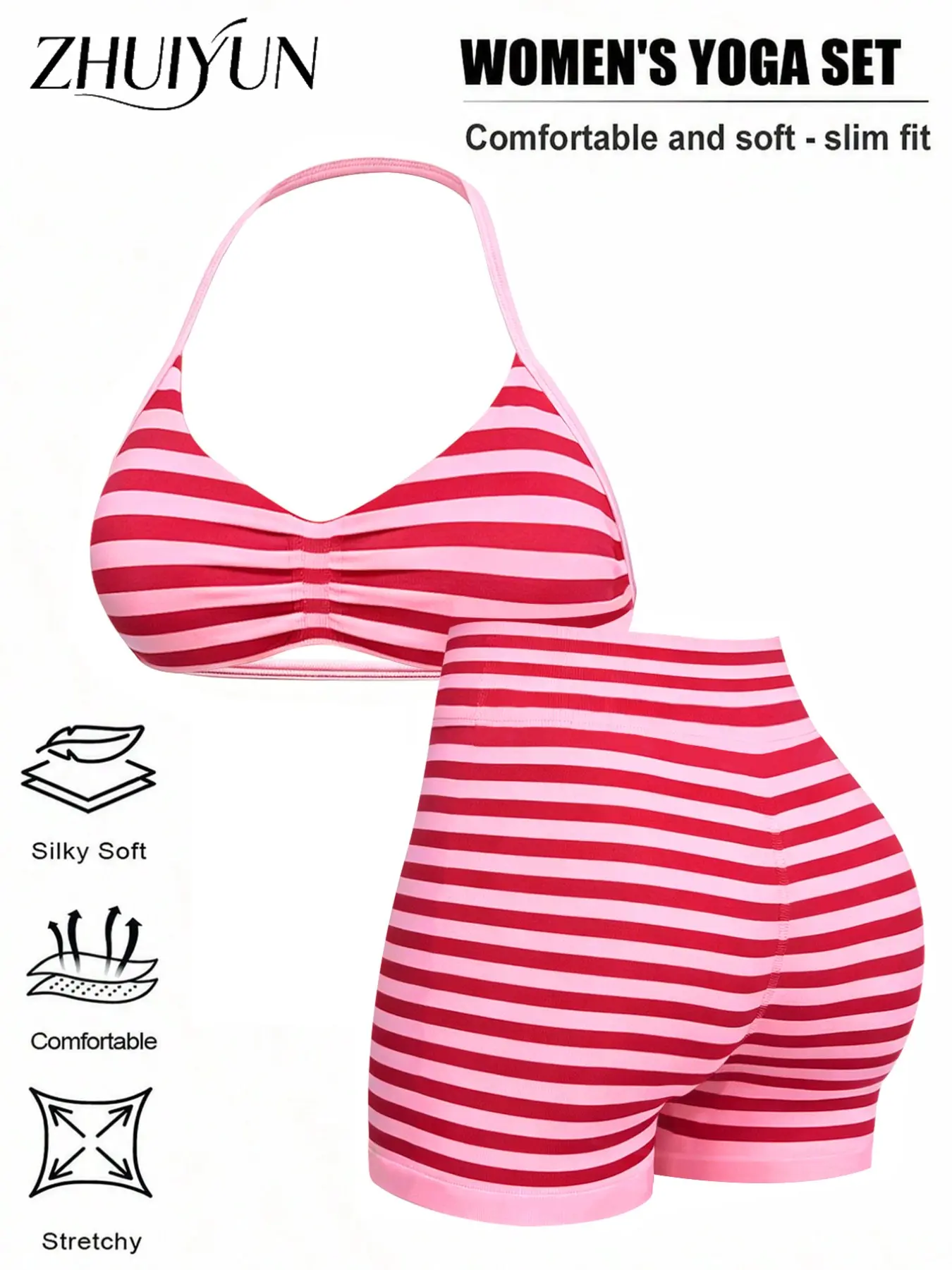 New Women's 2 Piece Activewear Set, Striped Halter Sports Top + High Waist Shorts, for Yoga Fitness, Outdoor Cycling, Running, Gym Workout, Fitness Clothing Set