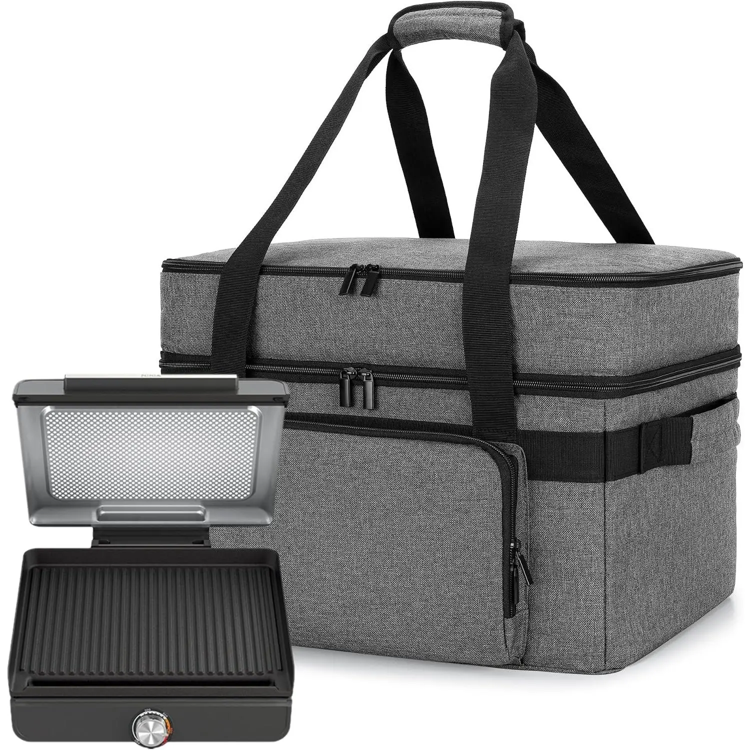 Double Layer Electric Grill Bag with Plates Section, Gray | Indoor Grill Carrying Bag with Bottom Pad Compatible with Ninja Sizzle GR101 Smokeless Grill, Bag Only