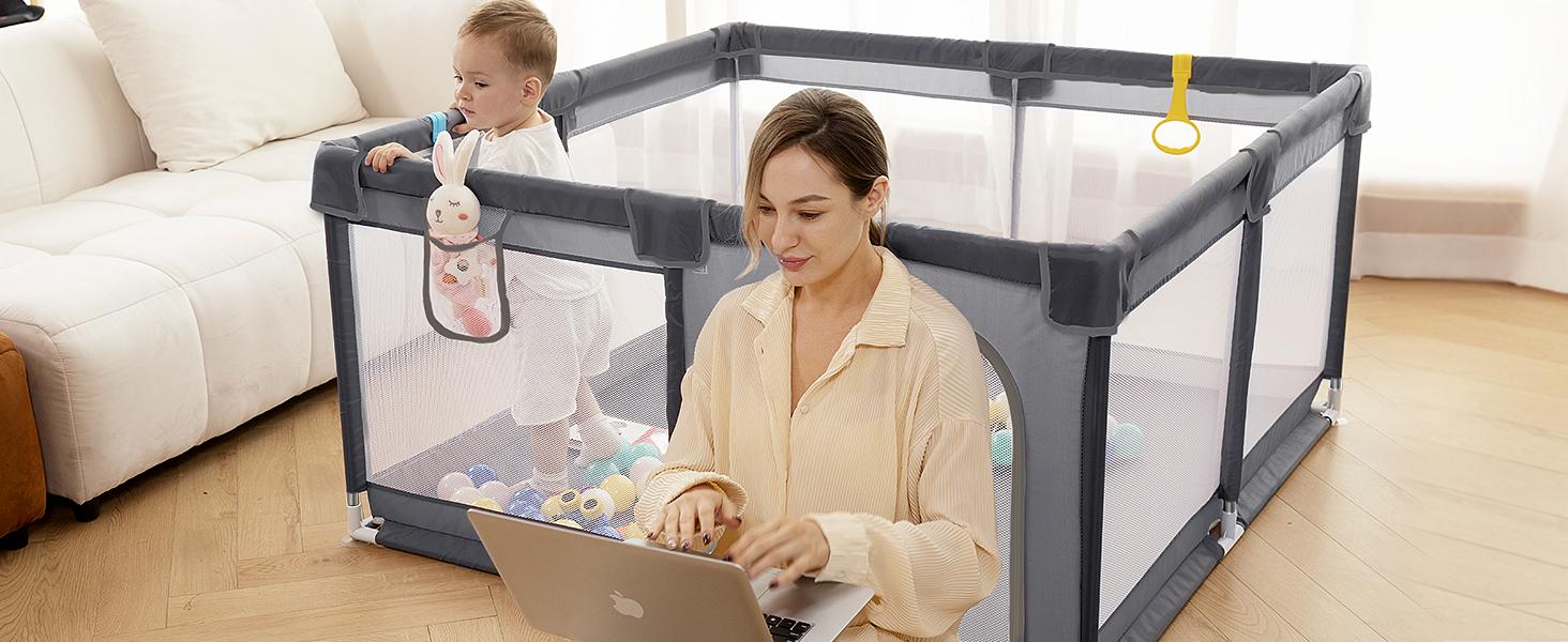 dearlomum 50"x50"/71"x59" Extra Large Baby Playpen with Soft Mesh Fence & Safety Gate for Babies & Toddlers Indoor Safety Yard Easy Assembly Clean Nonremovable Waterproof Mat Black/Gray dearlomum 50"x50"/71"x59" Extra Large Baby Playpen with Soft Mesh Fence & Safety Gate for Babies & Toddlers Indoor Safety Yard Easy Assembly Clean Nonremovable Waterproof Mat Black/Gray