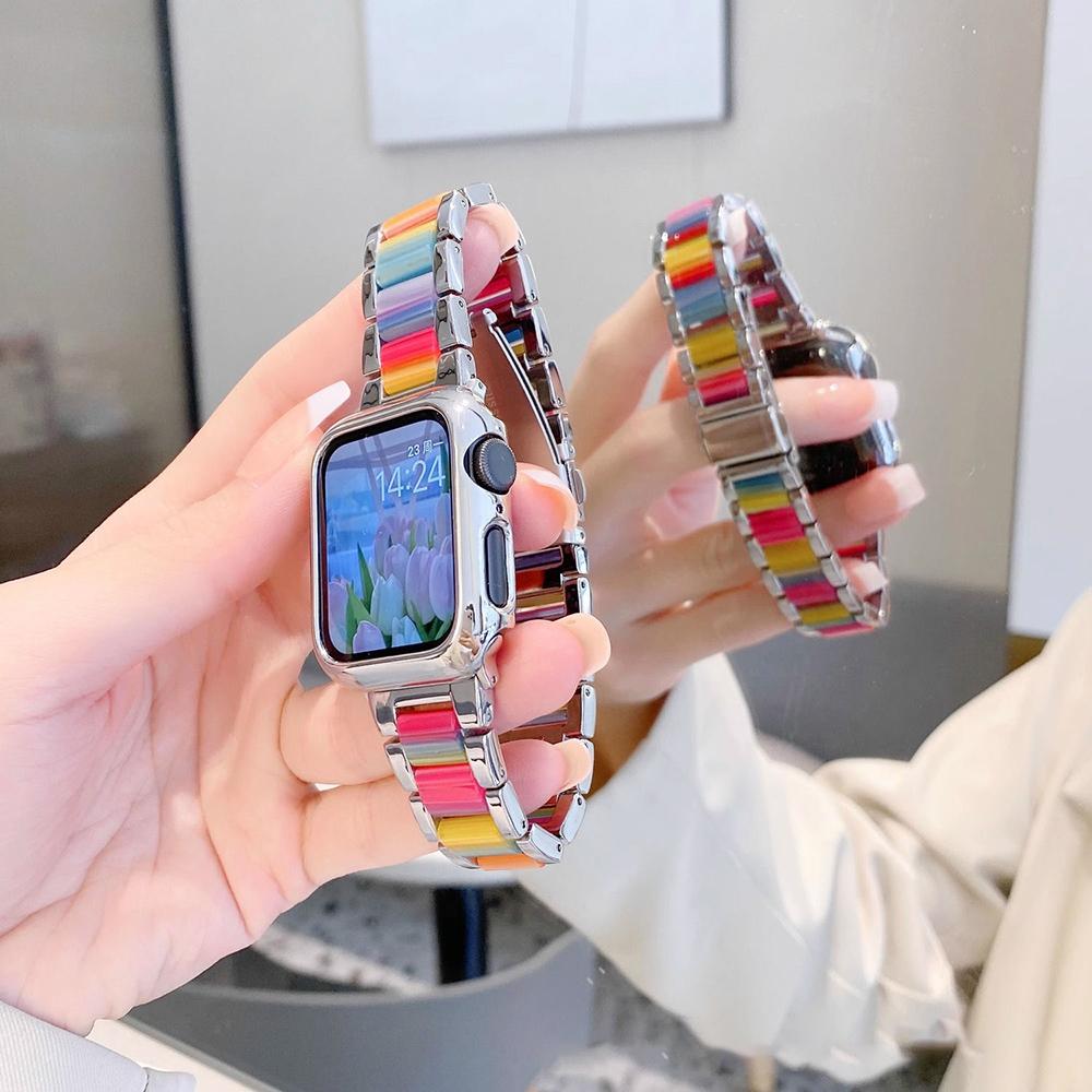 Metal Resin Band for Apple Watch Series 11/10/9/8/7/se/6/5/4, Dual Color Strap for Iwatch Ultra 49mm 46mm 45mm 44mm 42mm 41mm 40mm Smart Watch Straps Smartwatch Strap