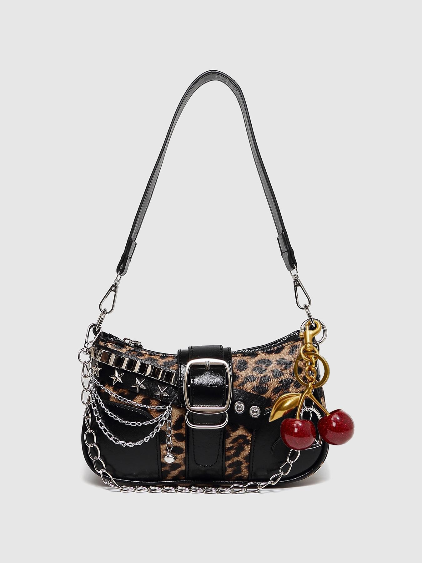 Women's PU Leather Embellished Shoulder Bag, Vintage Leopard Print Colorblock Crescent Clutch, Y2K Style Chain Decorated