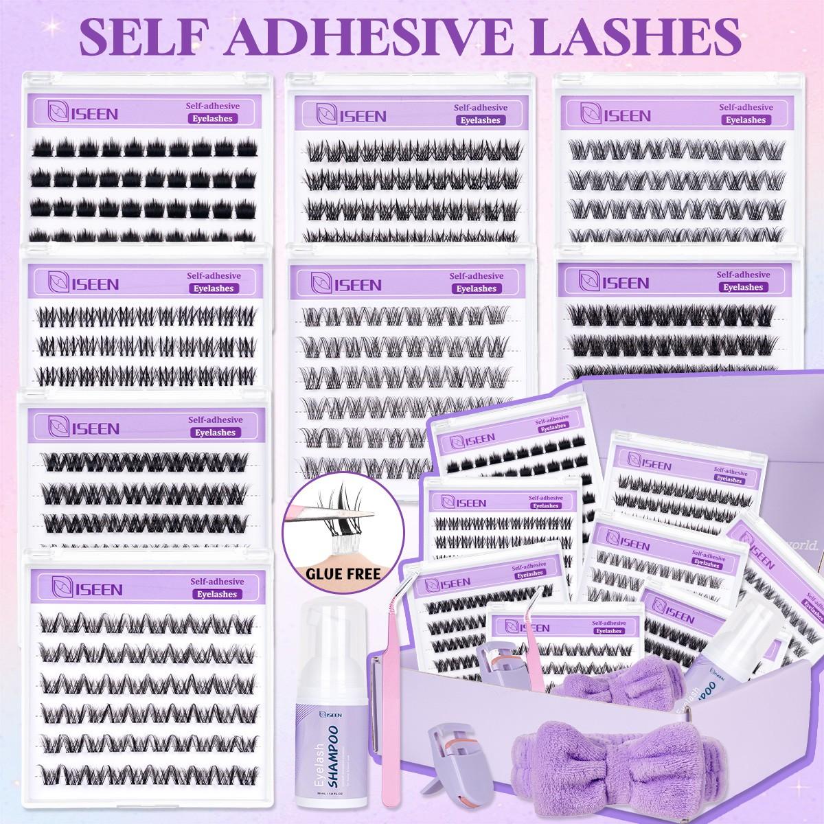 8 Styles Self-Adhesive Lash Cluster Kit, Press On Lashes with Lash Cleansing Shampoo, Tweezers and Headband, Natural Look No Glue Cluster Lashes, Ultra-Thin Lightweight for Beginners