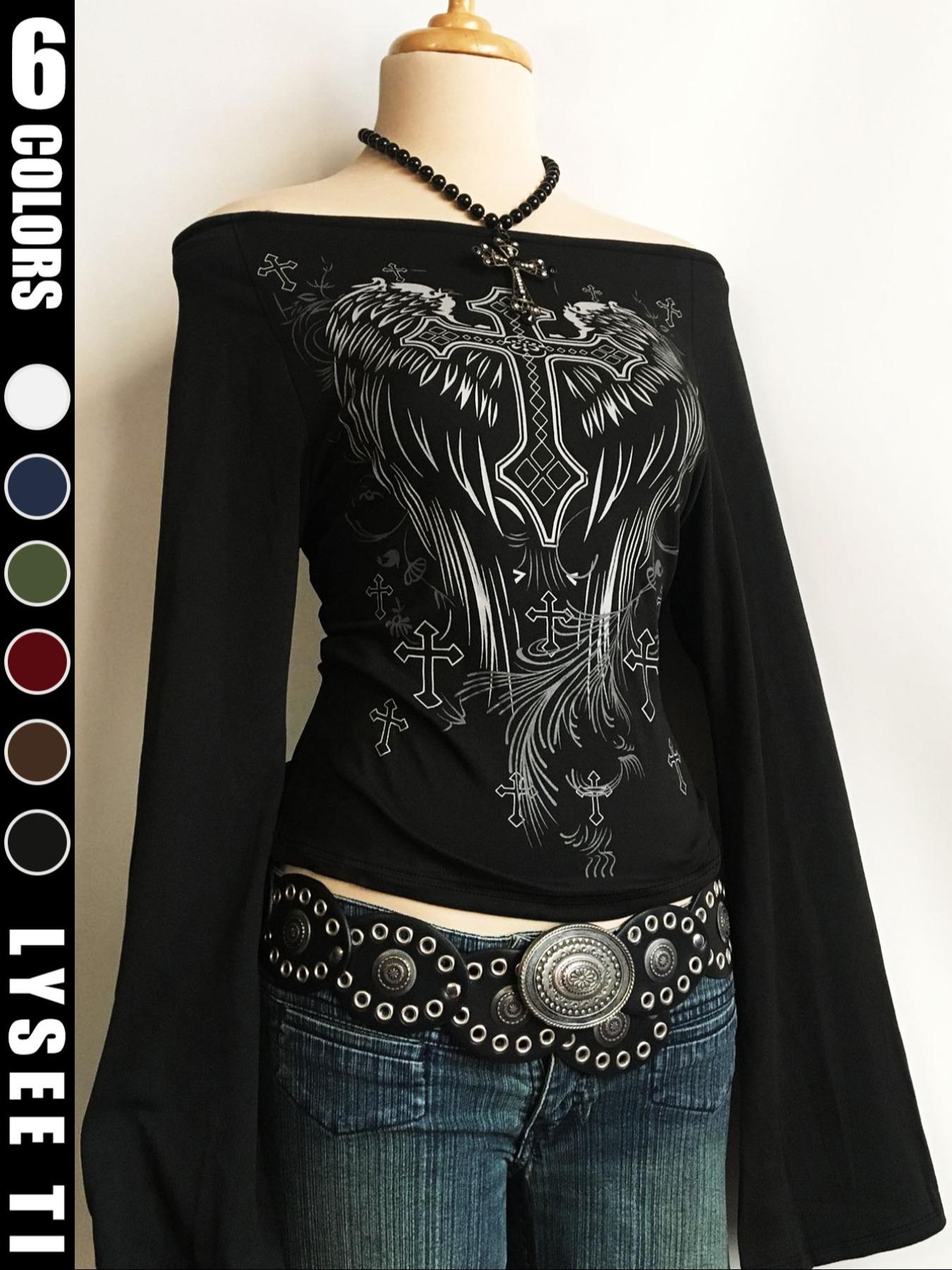 Fashion Casual Y2K Women's Cross Print One-Shoulder Flare Sleeve Top, Halloween Style, Fitted Design, Fall & Winter Wear, Aesthetic