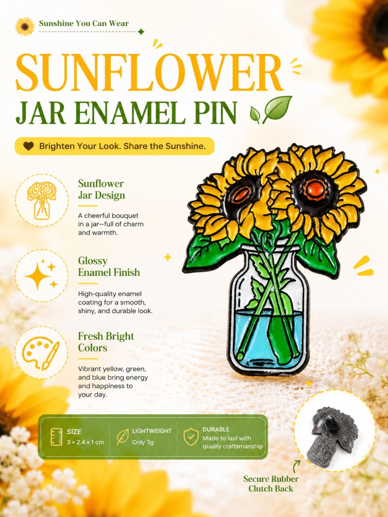 Floral Sunflower Jar, Enamel Pin Brooch, Collectible Pins, Durable Alloy Hard Enamel, For Women Garden Lovers Pin Fans Collectors, For Tote Bags Denim Jackets Lapels, Cheerful Aesthetic Style, Charming Gift for Best Friends Sisters Coworkers
