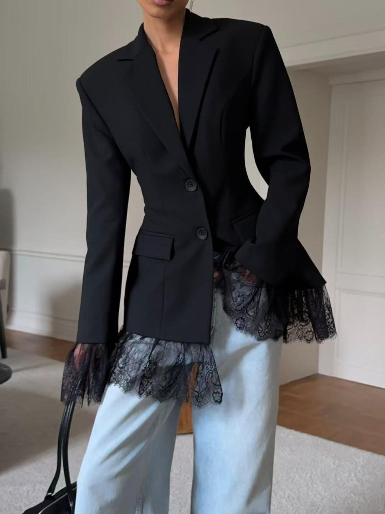 Women's Fitted Elegant Pure Color Woven Fabric Lace Patchwork Button Pockets Waistcoat Blazer Jacket, Office Evening Date Formal Banquet Fall Winter Womenswear