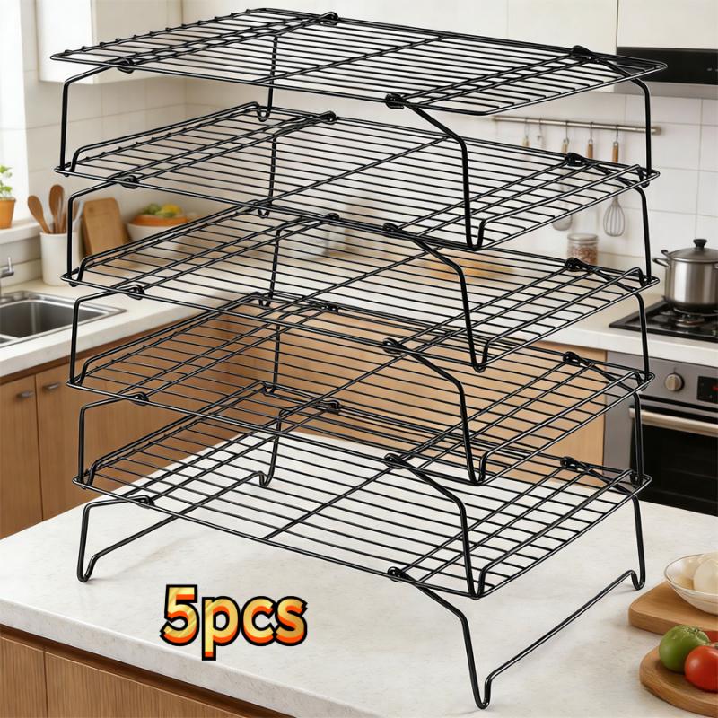 5-piece 5-tier heavy-duty foldable baking cooling rack - cast iron stackable rack, even heat dissipation, space-saving black rack, suitable for cookies, cakes, muffins, pies; compatible with countertop ovens, convection ovens and traditional ovens