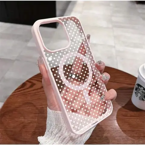 Magnetic Snap-On Polka Dot Transparent Casing for iPhone 17 ProMax, 16 Plus, 15, 14, 13, 12, 11 - MagSafe Compatible, Wireless Charge Support, Shockproof, Lens Protection, Fashion Phone Case (Black-A2620M73512)