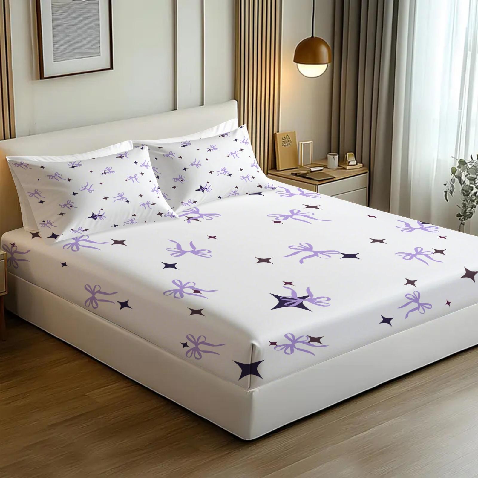 Purple bow and star pattern printed fitted sheet and pillowcase set, Bedsheet Sets, dreamy starry sky bedroom bedding, a great gift.