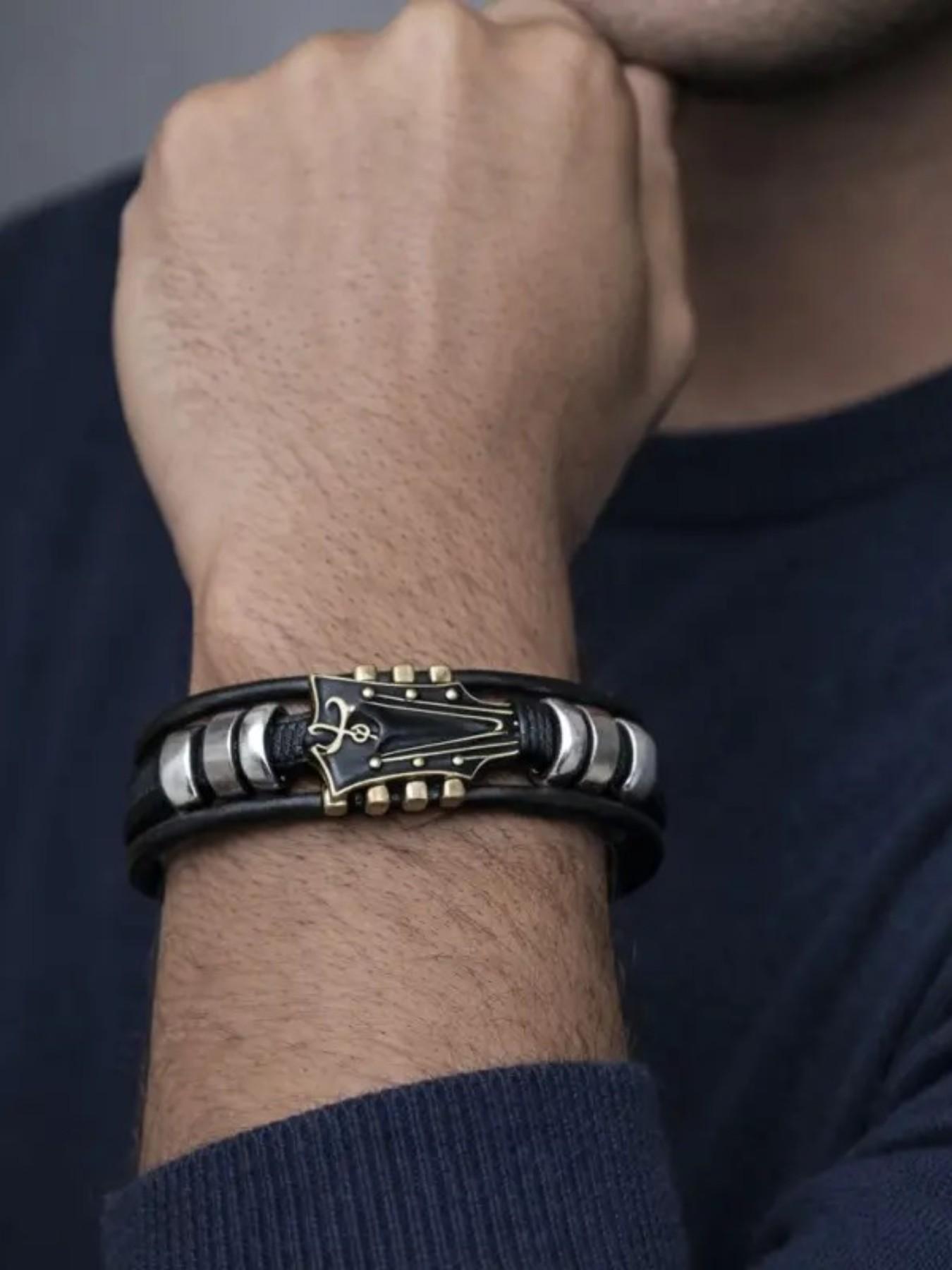 Vintage Guitar Leather Bracelet, Rock Tribute Design, Unique Gift for Musicians, Essential Fashion Accessory for Music Lovers