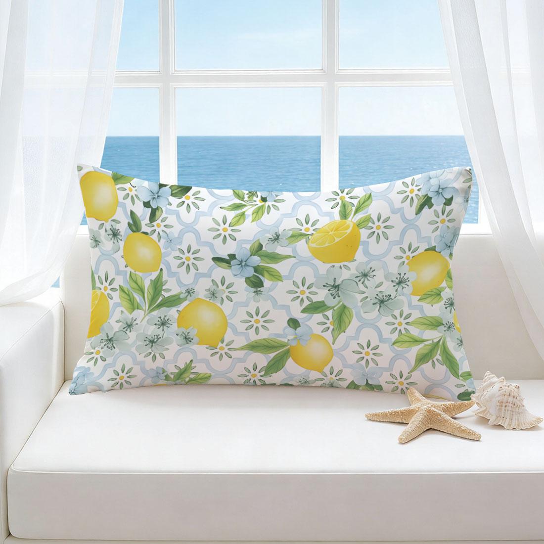 Lemon Blue Watercolor Porcelain Pattern Pillow Cover, Single Side Print, Rectangular Home Decor, Living Room Bedroom, No Insert Included