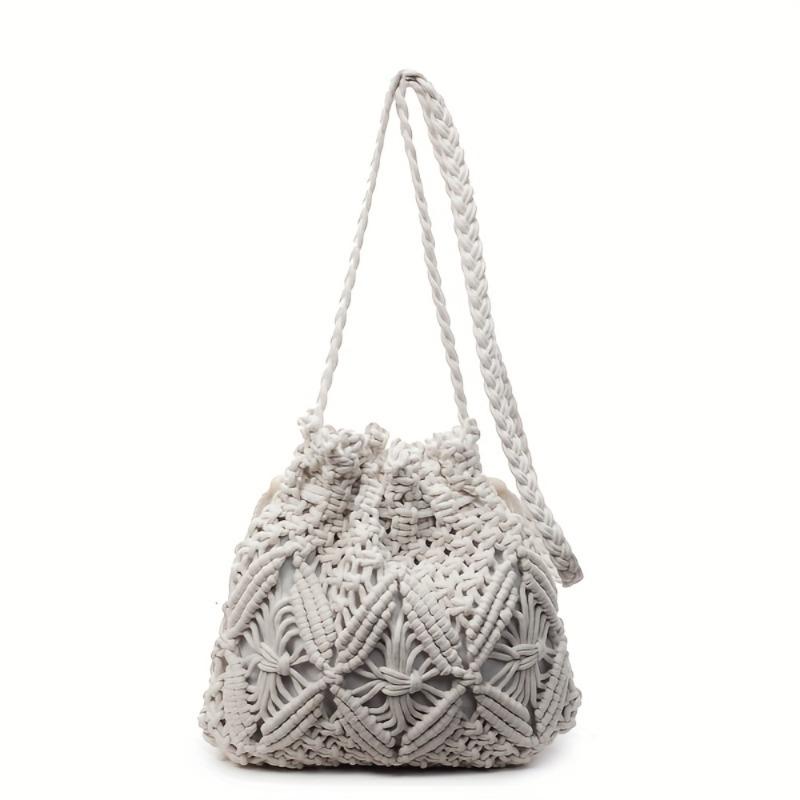 BeadBreath Woven Rope Bucket Bag, Medium Minimalist Macrame Crossbody, High-Quality Spring & Summer Shoulder Bag