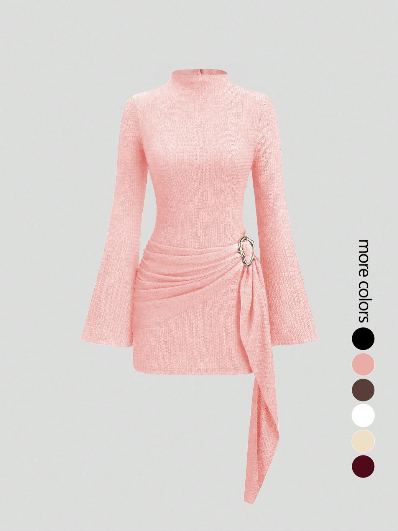 Women's stand-up collar, fitted waist, minimalist Elegant flared sleeves, metal buckle Solid slim-fit midi dress, perfect for parties.