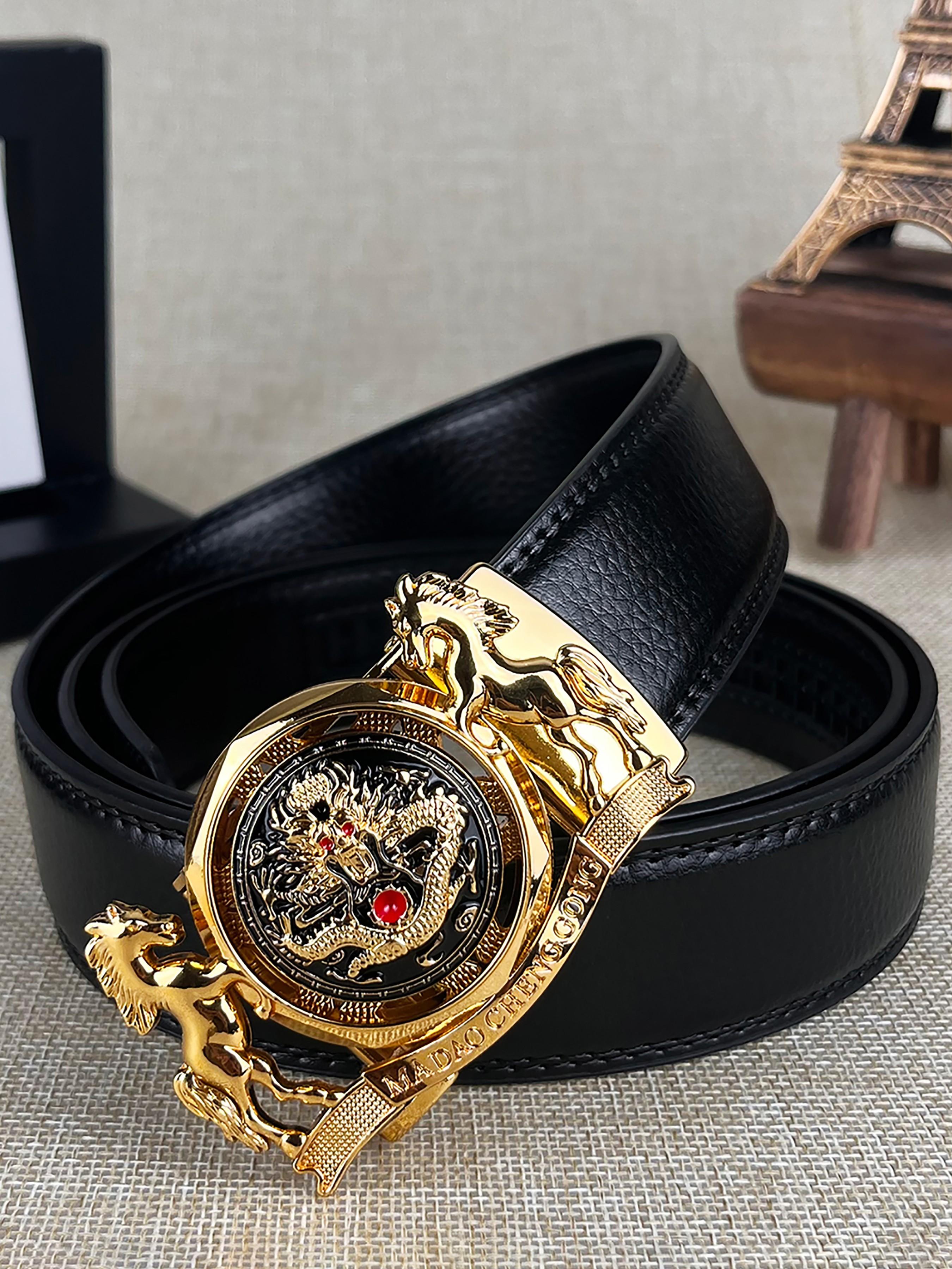 Men's and Women's Twin Horse Relief Design, Dragon Pattern Alloy Automatic Buckle Belt, Trendy and Fashionable, Novel, 1.38in/3.5cm Wide Ratcheting Belt, Gold Metal Decorated Buckle Belt, Christmas Gift, Valentine's Day Gift.