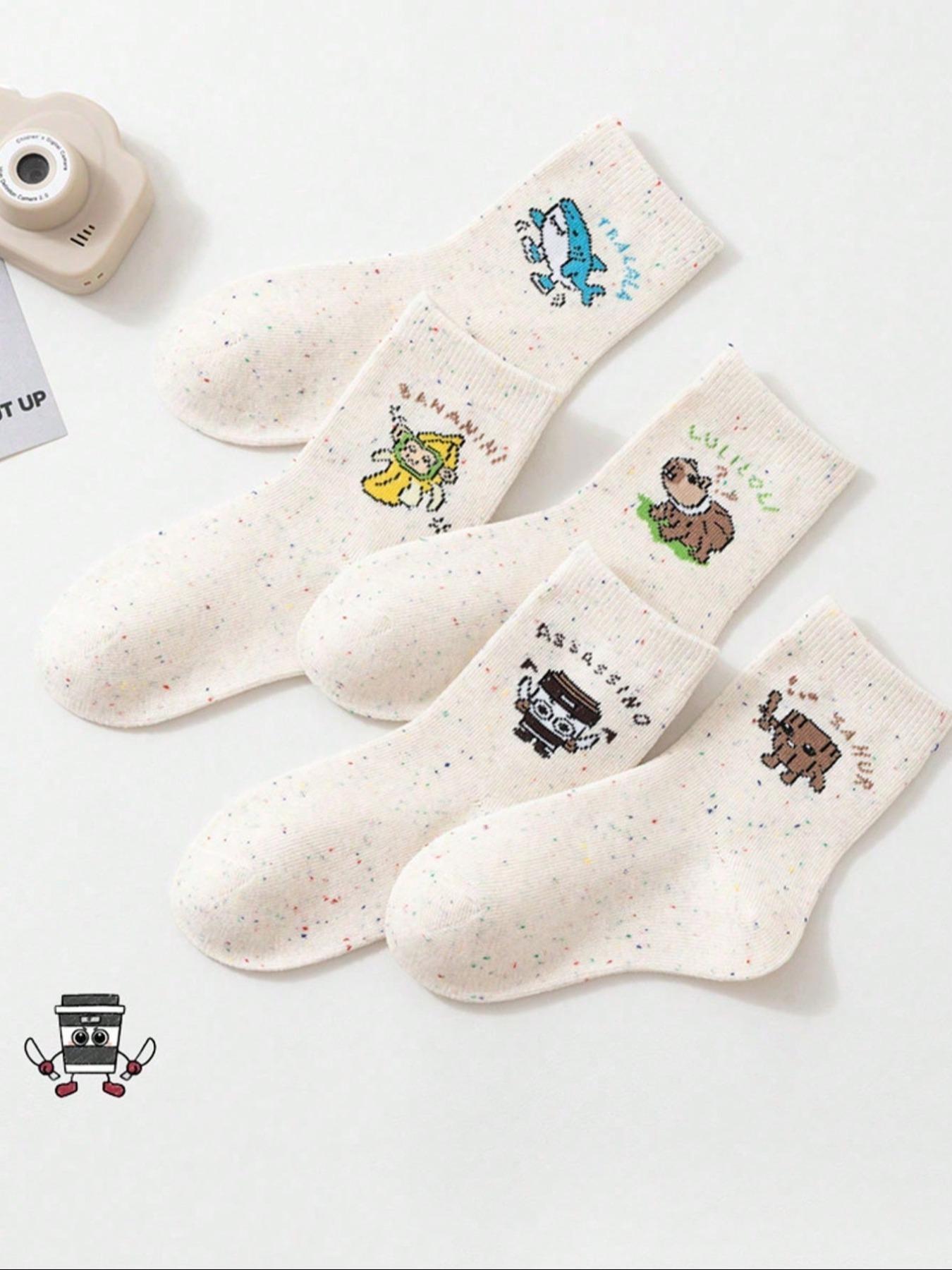 5 Pairs Kids Socks, Student Mid-Calf, Shark Pattern, Banana Monkey Cartoon, Fun Personality, Soft Comfortable, Daily Wear