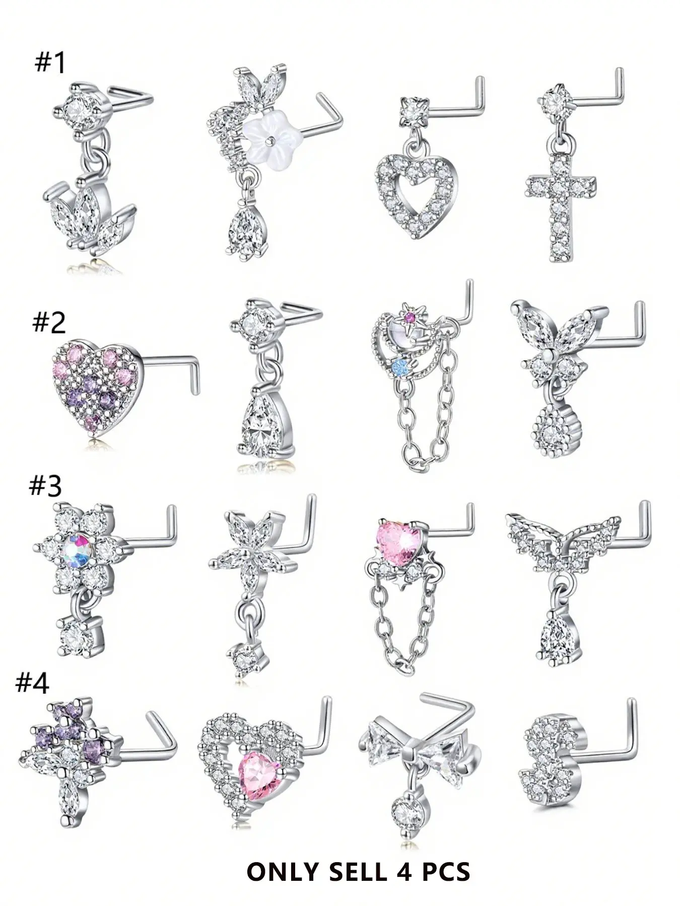 4 Counts Elegant Dangle Nose Ring, 20g L-Shaped Stainless Steel Nose Studs for Women, Butterfly & Heart Design, Best Party Jewelry Gift Choice, Nose Piercing Jewelry, Body Jewelry, Body Jewellery