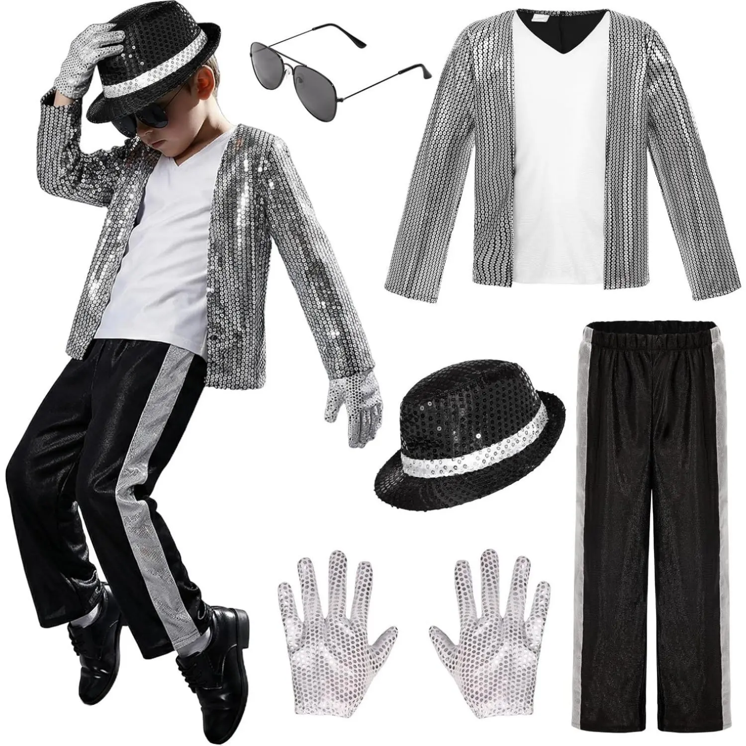 Kids Dance Star Costume for Boys Girls 80s 90s Hip Hop Stage Outfits for Halloween Cosplay Party