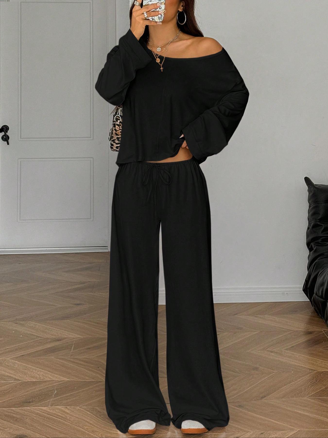 Women's Casual Long Sleeve Top & Pants Set, Plain Design, Loose-Fit Comfortable for All Seasons, Autumn Fashion Essentials