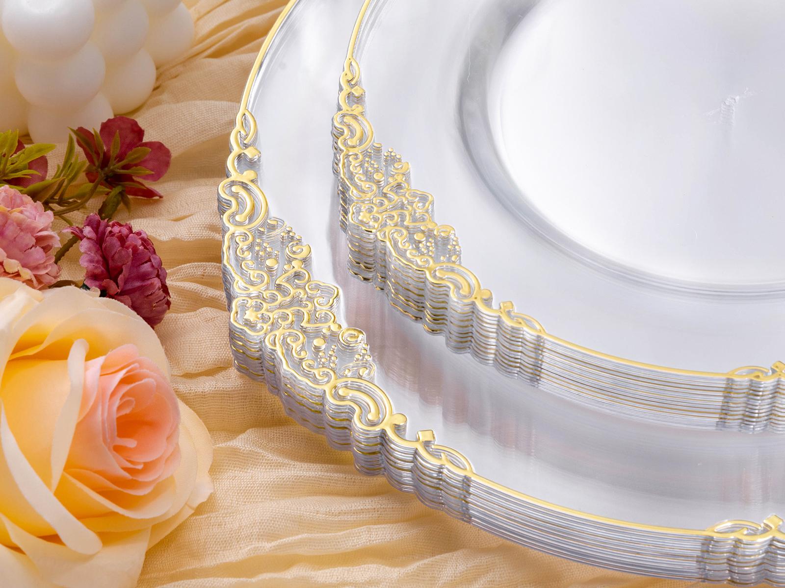 Bestluck 100PCS Clear & Gold Plastic Plates 50 Dinner 50 Dessert for Weddings Birthdays Baby Showers Christmas Anniversaries Elegant Design BPA Free Disposable Cups