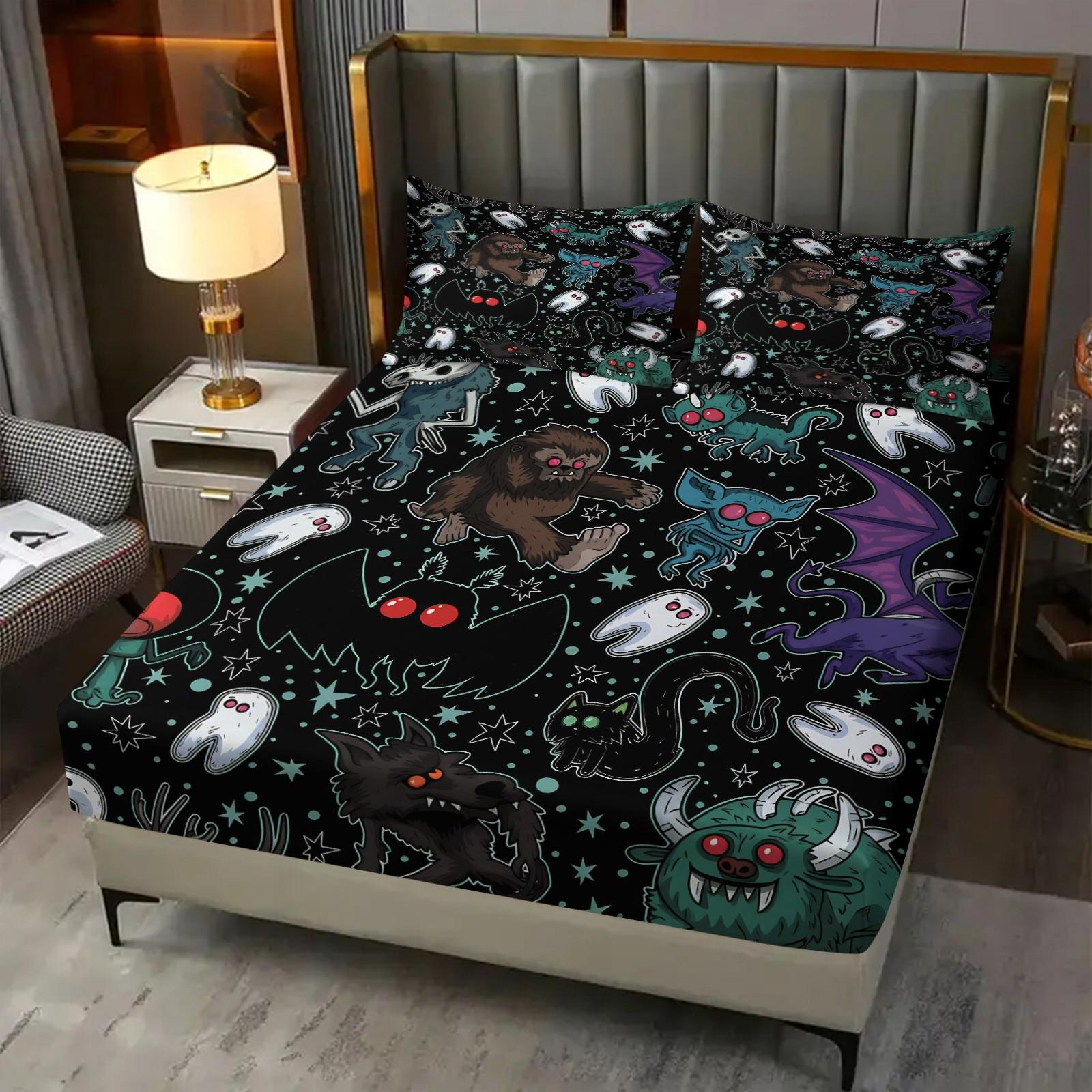Cartoon Spooky Monster Bat Ghost Fitted Sheet Set, 1 Fitted Sheet + 2 Pillowcases, Deep Pocket Non-Slip Mattress Protector, Soft Comfy Breathable All Season Bedding, Gothic Halloween Creature Print Decorative Bedding Set For Teen Goth Bedroom Decor
