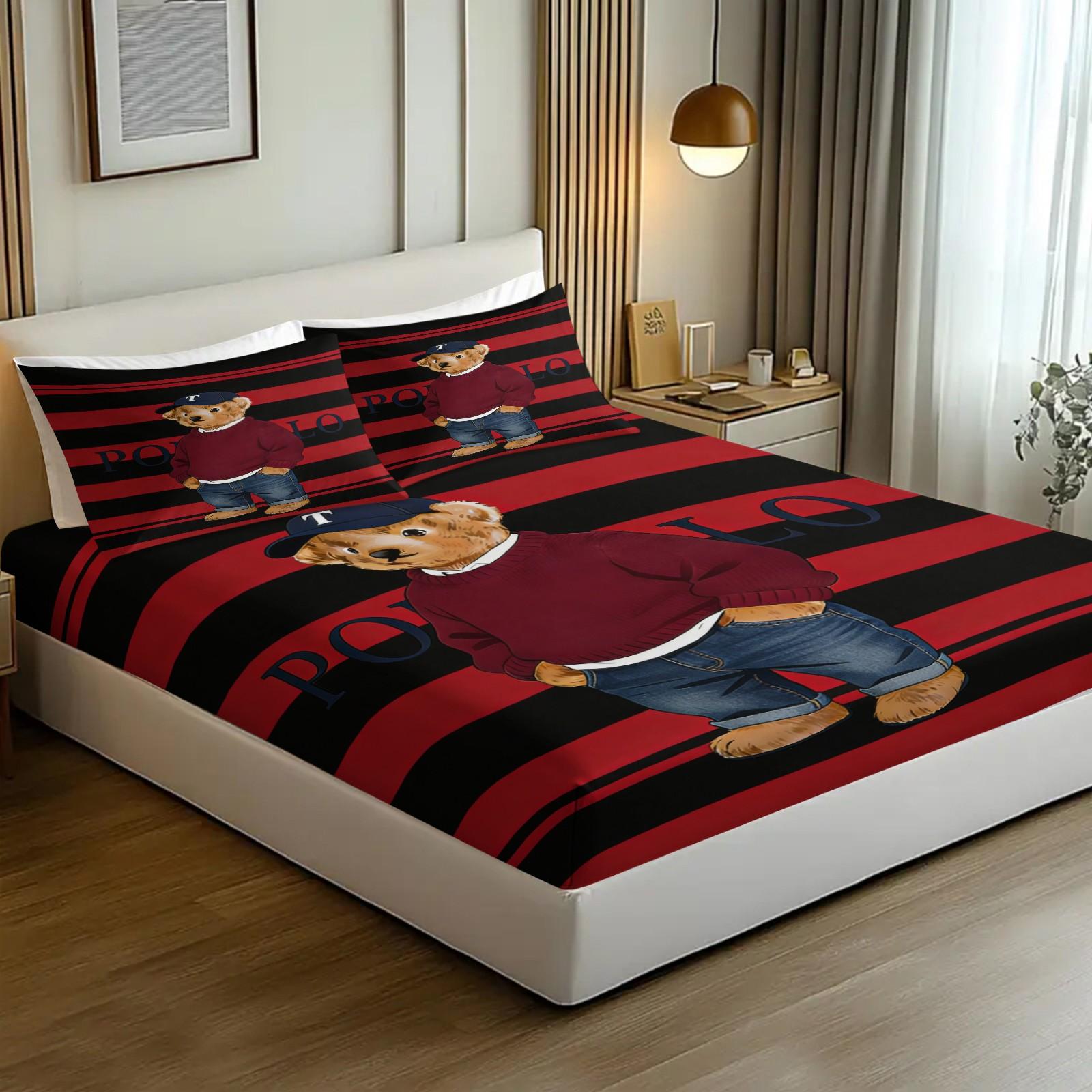 Teddy Bear Pattern Bed Sheet, Comfortable Printed Pattern, Includes 1 Bed Sheet and 2 Pillowcases, Comfortable Bedding, Non slip Dust Cover Suitable for Bedroom and Guest Room, Suitable as a Gift for Children or Adults