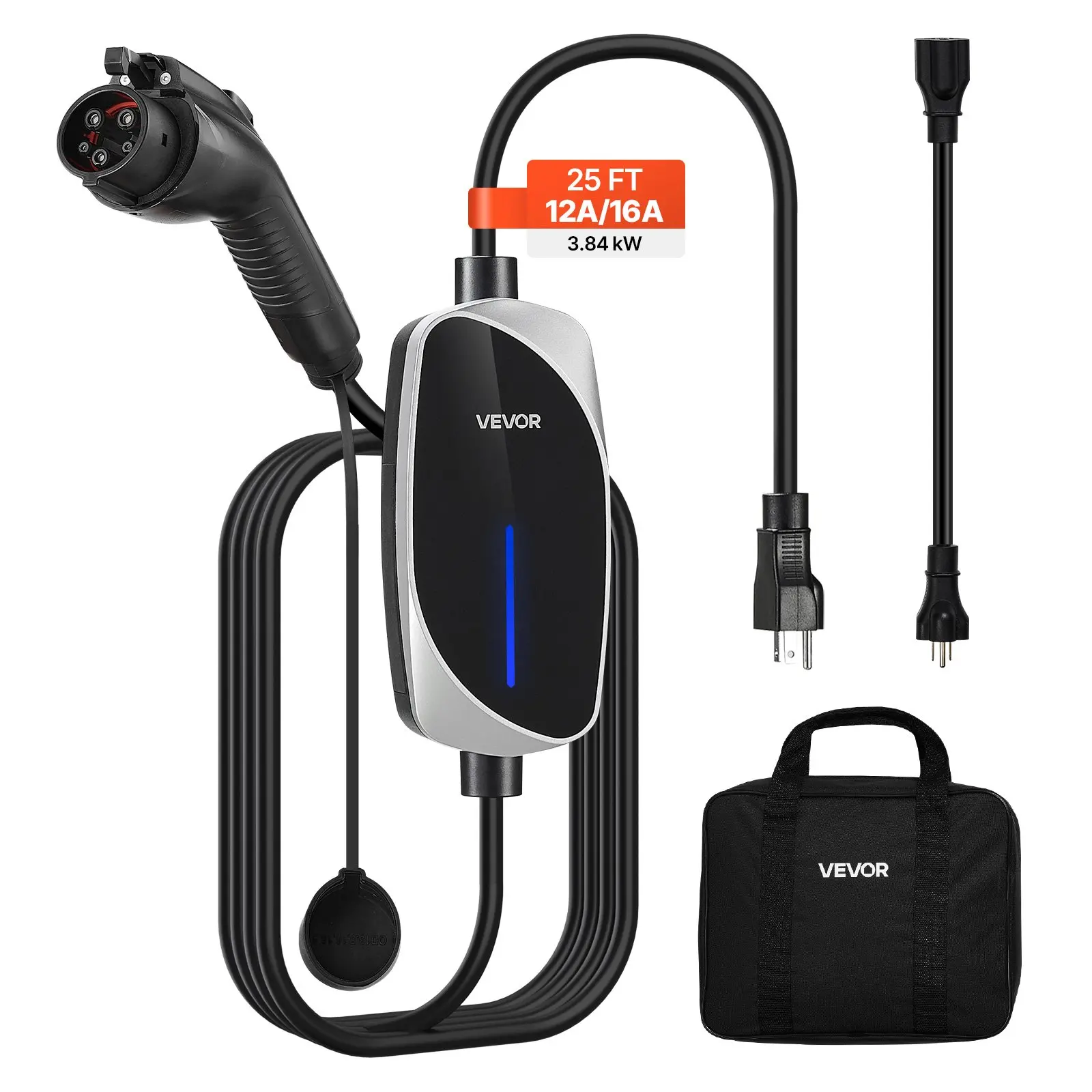 VEVOR Level 12 EV Charger, 16 Amp, Electric Vehicle Portable Charger with 25 ft Charging Cable, 120V-240V, NEMA 6-20P Plug NEMA 5-15 Adapter, LED Indicator, Home Car Charging Station for SAE J1772 EV