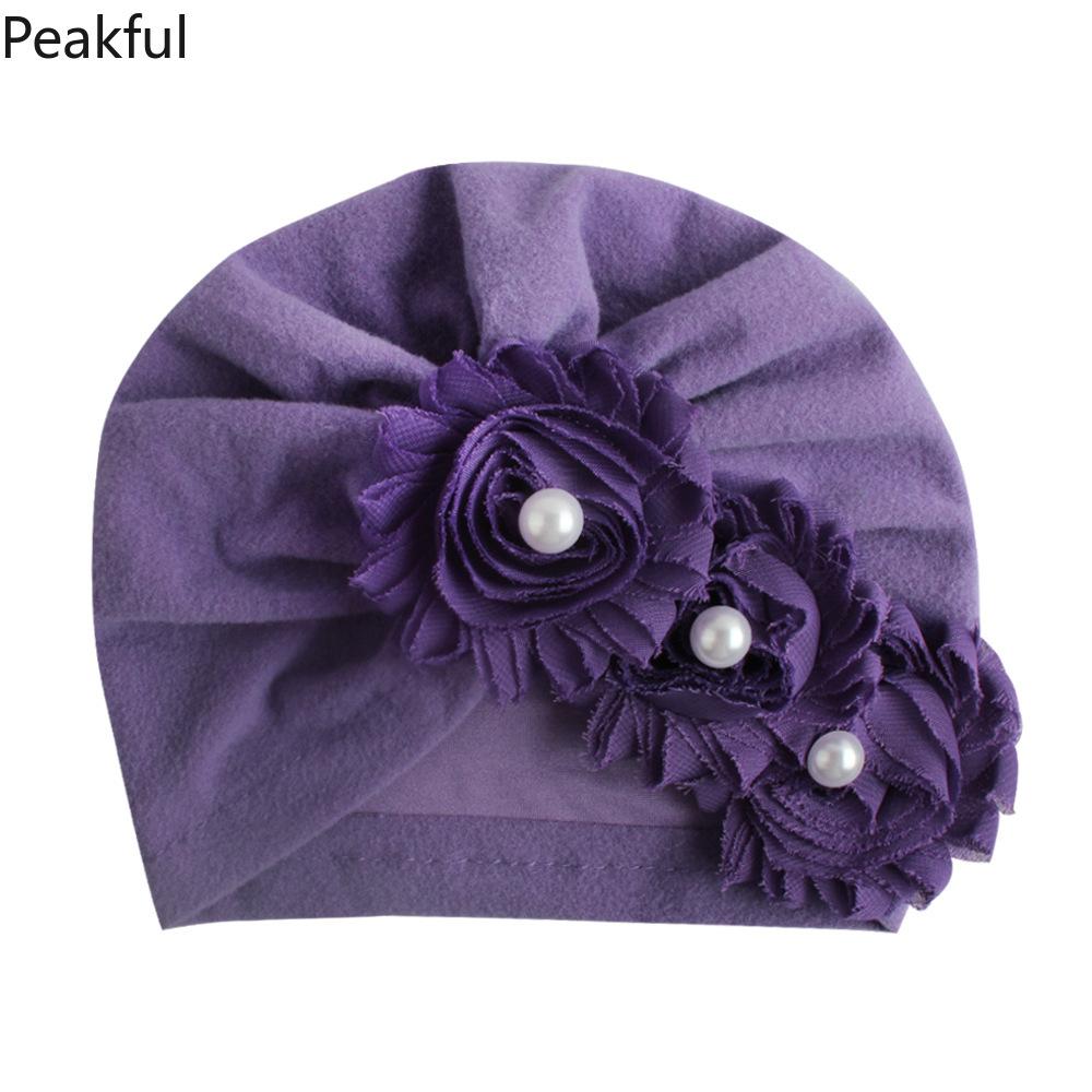 Kids Floral Pearl Decor Turban Hat, Popular Soft Cotton Baby Headwear, Elegant Toddler Headwrap, comfortable elastic design & charming flower details, great for casual outings, birthday parties and newborn photography