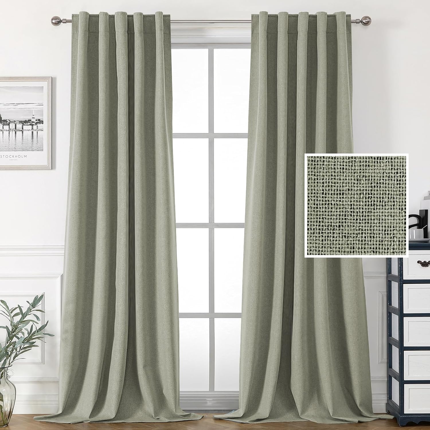 H.VERSAILTEX 100% Blackout Faux Linen Curtains for Bedroom Full Light Blocking Drapes with Double Face Linen Back Tab Loop Pocket Textured Burlap Curtains for Living Room 2 Panels