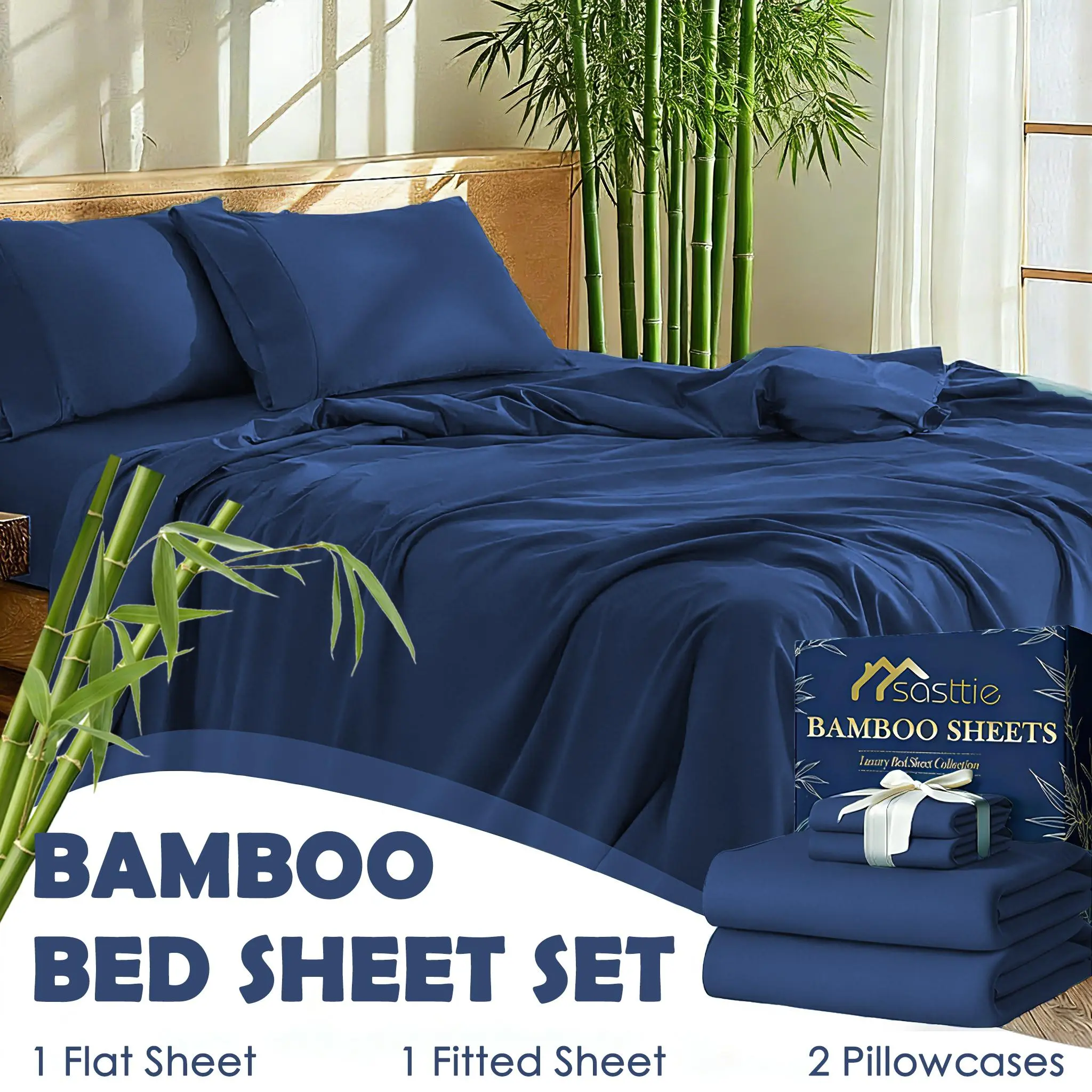 SASTTIE Luxury Bamboo Bed Sheet Set - 3/4 PCS Extra Deep Pocket Queen Sheet - Breathable Complete Sheet - Ultra-Soft Wrinkle-Free Bed Sheets - Hotel Quality - Halloween Gifts