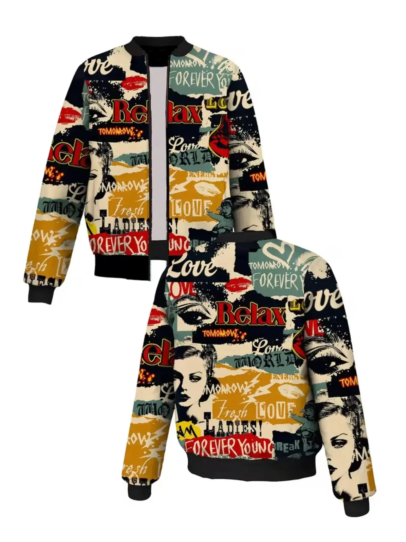 American Old Newspaper Collage Graffiti Baseball Jacket, Fashion Casual Fitted Jacket, Spring & Fall Print Pattern, No Padding Unlined