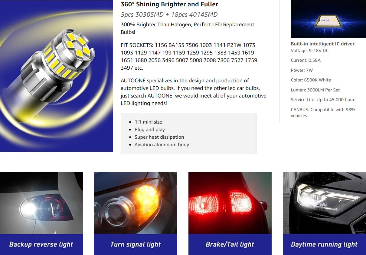 AUTOONE 1156 LED Bulb, LED Reverse Lights 300% Brighter BA15S 7506 1003 1141 P21W 6500K White LED Replacement for Backup Light, Tail Light, Pack of 2